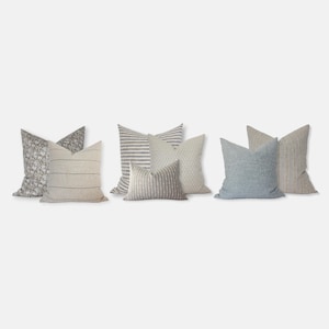 Sectional Pillow Set Blue, Blue and Cream Pillow Covers, Throw Pillows for Couch Sets, Earthy Pillow Combination, Floral Cushions || Hanssen