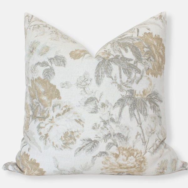 Neutral Floral Throw Pillows, Floral Pillow Covers 20x20, Designer Pillow Covers, Cream Gray Yellow Throw Pillows, Floral Print Pillow