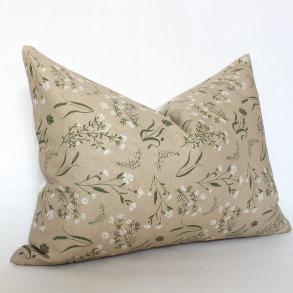 Tan Floral Throw Pillow 14x20, Neutral Lumbar Pillow Cover 12x20, Beige Lumbar Throw Pillow, Cream Green Lumbar Cushion, Wild Flowers Pillow