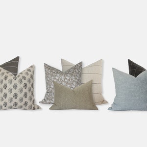 Throw Pillow Set for Sofa, Sectional Pillow Set of 7, Cream Brown and Blue Pillow Combinations, Throw Pillows for Couch || Taylin
