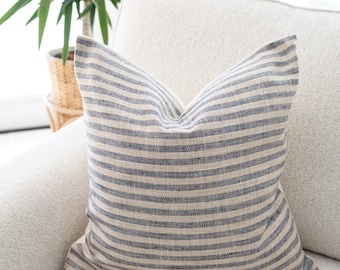 Blue Stripe Pillow Cover, Neutral Ticking Stripe Throw Pillow, Farmhouse Coastal Cushion, Blue & Ivory Sofa Pillow || Sanford
