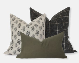 Moderne kussenset van 3, kussens voor bankgroen, crèmekleurige bloemencombinatie, kussensloopset, olijfgrijze crèmekleurige kussens 22 x 22, 20 x 20 || Casia
