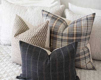 Brown Gray Pillow Set, Sofa Throw Pillow Sets, Pillow Combo Set of 3, Earthy Decorative Pillows, Brown Plaid Cushion || Harriet