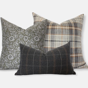 Brown Green Pillow Covers, Pillow Set Couch, Grey Plaid Cream Pillow Combinations, Olive Floral Cushion Cover || Glenn