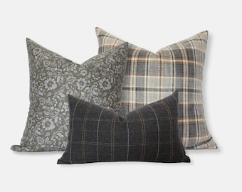 Brown Green Pillow Covers, Pillow Set Couch, Grey Plaid Cream Pillow Combinations, Olive Floral Cushion Cover || Glenn