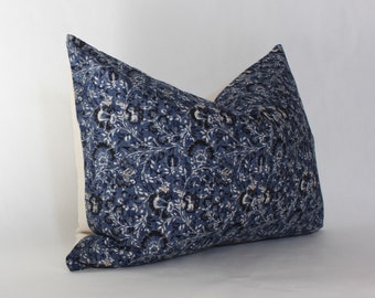 Dark Blue Lumbar Pillow,  Blue Floral Lumbar Pillow Cover,  Lumbar Throw Pillow for Bed,  Blue Pillow Cover || Deep Blue
