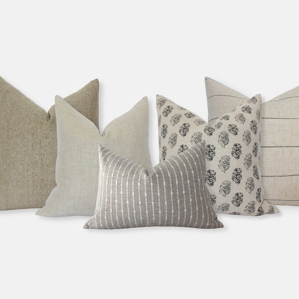 Neutral Pillow Combinations, Beige Cream Pillow Covers, Neutral Tan Sofa Covers, Throw Pillow Set of 5, Natural Pillow Covers || Sela