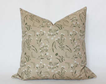 Tan Floral Pillow Cover, Neutral Throw Pillow, Beige Floral Pillow Cover, Tan Green Wild Flowers Throw Pillow, Vintage Floral Pillow 20x20