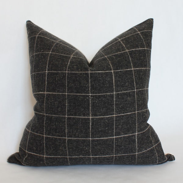 Black Plaid Pillow, Modern Minimalist Pillow, Charcoal Throw Pillow 18x18, Geometric Pillow Cover 20x20, Dark Brown Pillow, Plaid Cushion