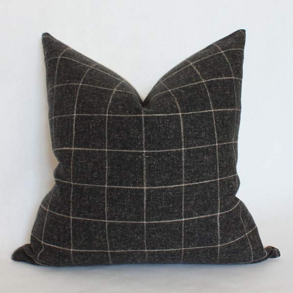 Black Plaid Pillow, Modern Minimalist Pillow, Charcoal Throw Pillow 18x18, Geometric Pillow Cover 20x20, Dark Brown Pillow || Black Plaid