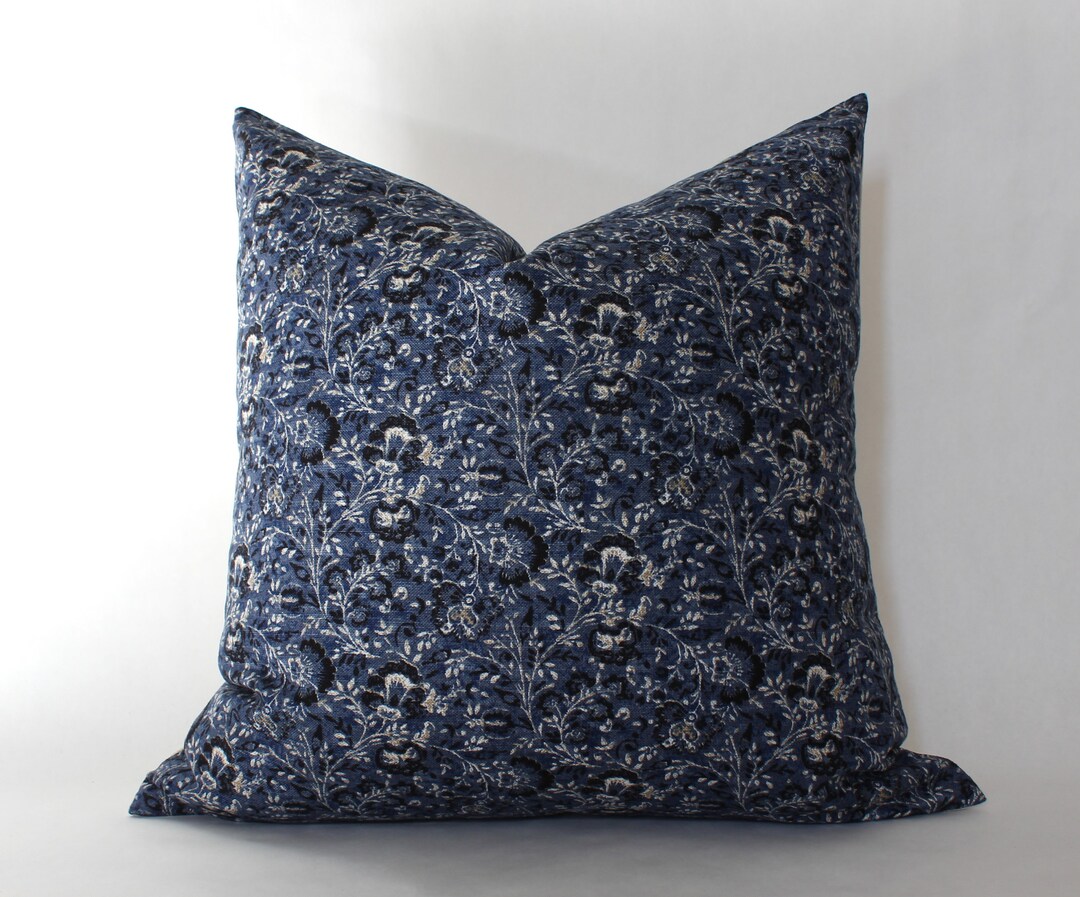 Dark Blue Floral Pillow, Deep Blue Floral Throw Pillow, Blue Print