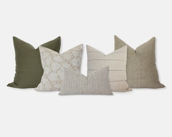 Neutral and Green Throw Pillow Set, Olive Green Pillow Covers, Sofa Pillow Combination, Throw Pillows for Couch || Gabrielle