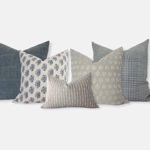 blue and cream sofa pillow set