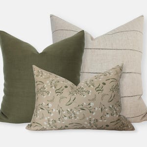 Tan Sofa Pillow Combo, Green Pillow Set, Cream and Green Pillows, Pillow Set of 3, Bed Pillow Combinations, Tan Floral Pillow || Baylee