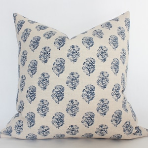 Navy Blue Floral Pillow,  Indigo Floral Print Pillow, Cream Blue Throw Pillows, Designer Pillow Cover for Sofa, Floral Cushion Cover || Owen