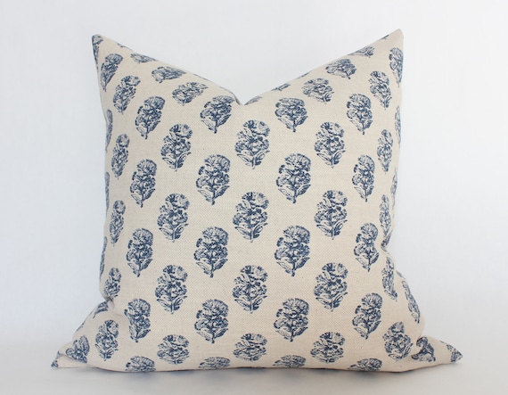 Buy Navy Blue Floral Pillow, Indigo Floral Print Pillow, Cream