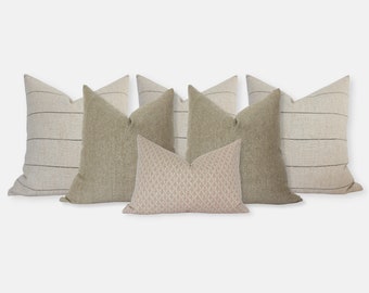 Bed Pillow Combo, Bed Pillow Set of 6, Blush Olive Cream Pillows, Pillow Combinations Green, Bedroom Pillows Decorative Olive, Olive Pillows