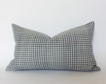 Blue Plaid Lumbar Pillow Cover,  Dark Blue Lumbar Throw Pillow, Blue Cushion for Sofa,  Navy Lumbar Gingham Pillow, 12x20, 14x36 || Olin