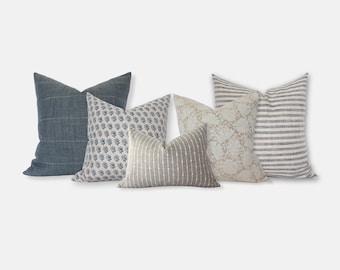 Blue Sofa Pillow Set, Blue and Cream Pillow Covers,  Pillow Combination Sets in Blue, Throw Pillow Combo with Blue || Sandy