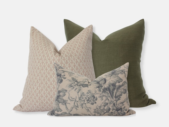 Modern Pillow Set of 3, Throw Pillows for Couch Green, Cream Floral Pillow  Combo, Cushion Cover Set, Olive Grey Cream Pillows 22x22, 20x20 