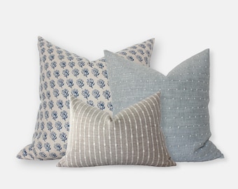 Light Blue Throw Pillow Set, Sofa Pillow Cover Set of 3, Blue Pillow Combinations for Couch, Blue Cream Cushion Covers || Arilene