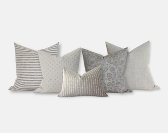 Neutral Gray Blue Pillow Set of 5, Throw Pillow Covers for Sofa, Stripe Floral Woven Pillow Combo, Coastal Neutral Home Decor || Saphira