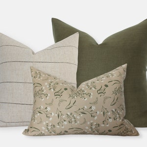 Tan Sofa Pillow Combo, Green Pillow Set, Cream and Green Pillow Set, Throw Pillow Set of 3, Bed Pillow Combinations, Tan Floral Pillow