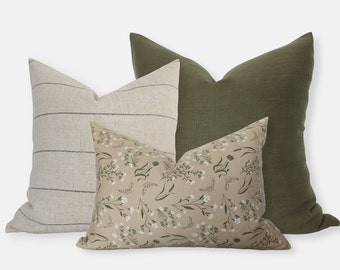 Tan Sofa Pillow Combo, Green Pillow Set, Cream and Green Pillow Set, Throw Pillow Set of 3, Bed Pillow Combinations, Tan Floral Pillow