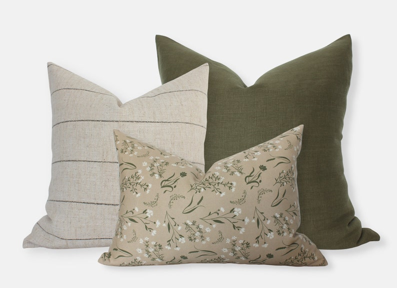 Tan Sofa Pillow Combo, Green Pillow Set, Cream and Green Pillows, Pillow Set of 3, Bed Pillow Combinations, Tan Floral Pillow || Baylee