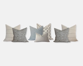 Pillow Set of 7 for Sectional Sofa, Gray Blue Neutral Throw Pillow Covers, Stripe Floral Pillow Combo, Coastal Transitional Decor || Miles