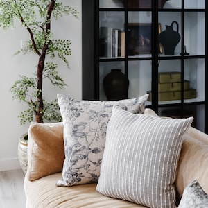 May include: A tan couch with three throw pillows. The pillows are patterned with floral designs and stripes. The couch is in front of a black metal shelving unit with glass shelves.
