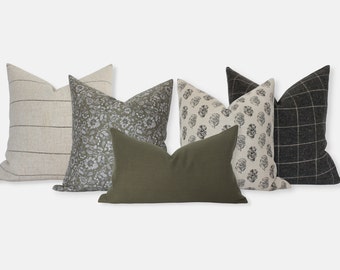 Sofa kussenset, kussens voor bank groen, moderne kussensloop set, groene en grijze kussens, crème groen grijze kussens || Jules