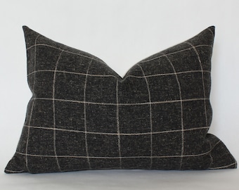 Charcoal Lumbar Pillow, Windowpane Pillow Cover, Black Lumbar Pillow Cover 12x20, Dark Grey Lumbar Pillow 14x24, Dark Gray Plaid Lumbar