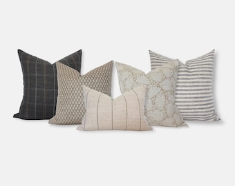 Gray Tan Pillows for Sofa, Livingroom Pillow Set of 5, Floral and Plaid Designer Pillows, Neutral Couch Throw Pillow Set || Sydney