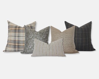Neutral Brown Throw Pillows, Green and Gray Pillow Combinations, Sofa Cushion Covers, Plaid Pillow Covers || Finn