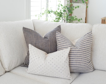 Neutral Blue Pillow Set of 3, Farmhouse Throw Pillow Covers, Woven Lumbar Pillow, Striped Herringbone Decorative Couch Pillows || Abiel