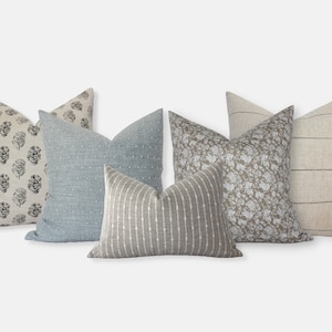 Light Blue Pillow Set, Neutral Pillow Combinations, Blue and Cream Pillows, Neutral Throw Pillows for Couch,  Spring Pillow Covers || Mai