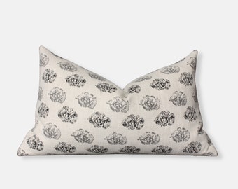 DISCONTINUED ~ Floral Lumbar Pillow Cover 14X24, 14X36 Cream Beige Cotton Linen, Handmade || Chara