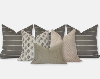 Set di cuscini per letto king size, set di cuscini per letto marrone e crema, set di cuscini marroni per letto, set di cuscini combinati marrone crema rosa // Sienna
