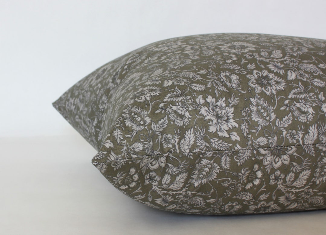 Olive Floral Pillow, Dark Green Floral Pillow Cover 20x20, Olive Throw