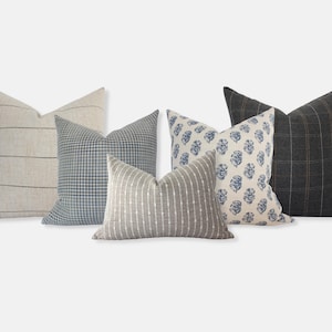 Blue Pillow Combination, Sofa Pillow Cover Sets, Beige and Blue Pillows, Blue and Charcoal Pillows, Blue Throw Pillows for Couch || Athan
