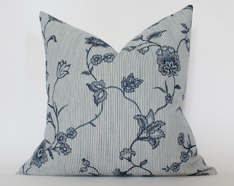 Blue Floral Pillow Cover, Vintage Stripe Cushion, French Country Decor, Vintage Style Throw Pillow, Cottage Farmhouse Accent Pillow || Veera