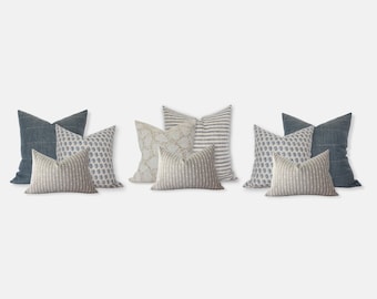Pillow Set of 9 for Sectional Sofa, Blue Neutral Throw Pillow Covers, Stripe Woven Floral Pillow Combo, Coastal Transitional Decor || Alanya
