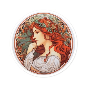 Art Nouveau Floral Woman Sticker | Alphonse Mucha | Redheaded Beauty | Water Bottle Hydro Flask Car Laptop Collectable Vinyl Sticker