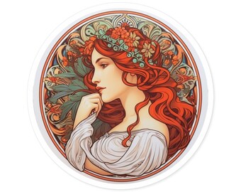 Alphonse Mucha Art Nouveau Woman Sticker | Redhead Floral Vinyl Decal