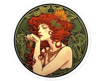 Art Nouveau Redhead Woman Sticker | Alphonse Mucha Style