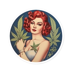 Redhead 1940s Girl with Marijuana Leaves Sticker | Water Bottle Hydro Flask Car Laptop Collectable Vinyl Decal Sticker