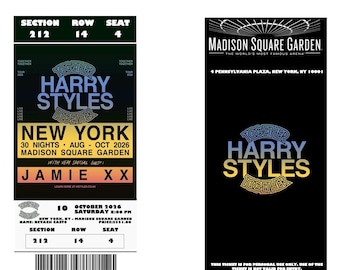 May include: Two concert tickets for Harry Styles' 'Together' tour in New York at Madison Square Garden. One ticket is black with gold and blue text, the other is white with black text. Both tickets include the date, time, and seat information.