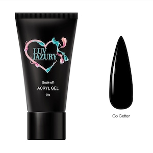 May include: A black tube of acrylic gel nail polish with the brand name "Luv Jazury" and the text "Soak-off Acryl Gel 30g". A black nail polish colour swatch is shown with the text "Go Getter".