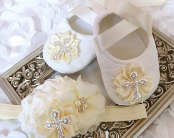 Ivory Christening Shies, Baptism Shoes Sparkle Rhinestone Cross, Ivory Satin Flower, Baptism Booties, Christening Booties